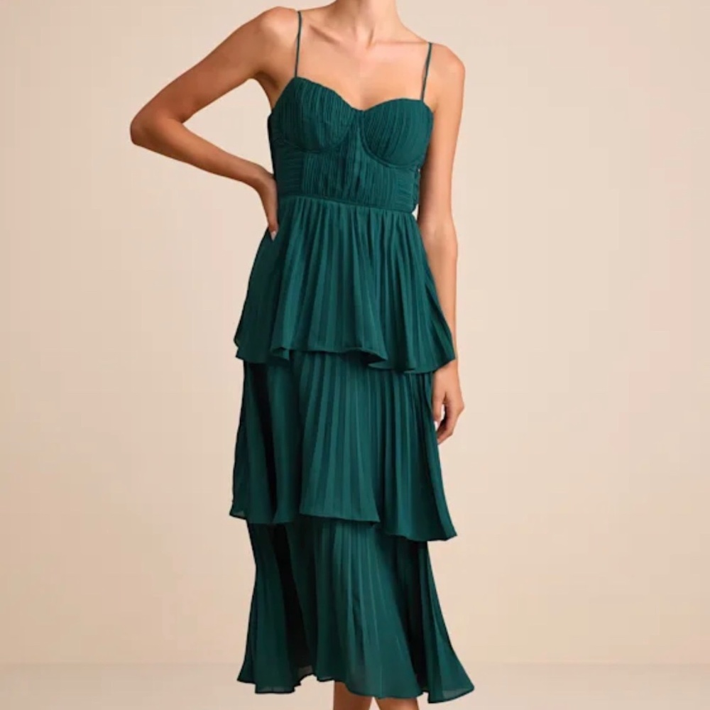 NWT- Cascading Crush Emerald Tiered Bustier Midi Dress Green - Size L - Picture 4 of 7